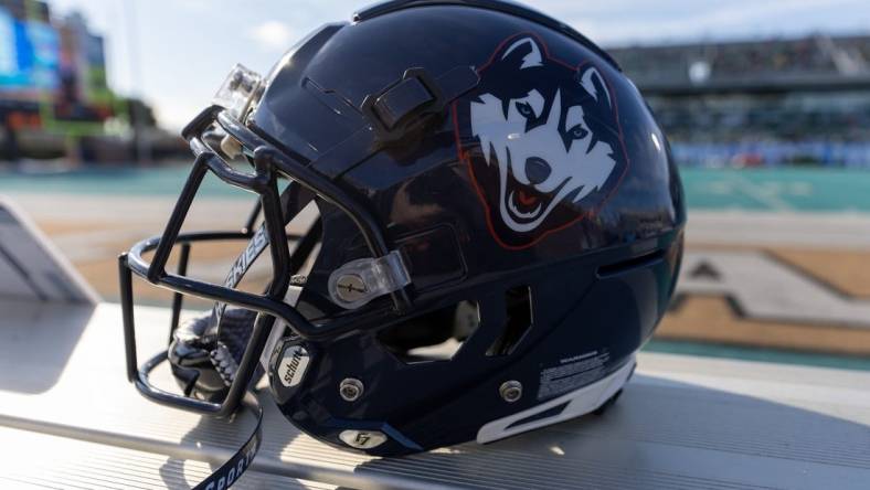 Dec 19, 2022; Conway, South Carolina, USA; A general view of a Connecticut Huskies helmet during a game against the Marshall Thundering Herd in the first half in the Myrtle Beach Bowl at Brooks Stadium. Mandatory Credit: David Yeazell-USA TODAY