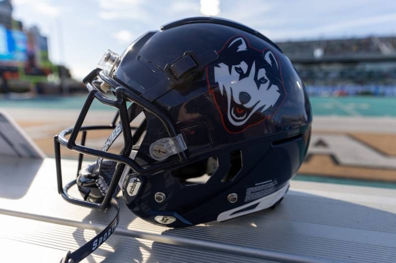 Dec 19, 2022; Conway, South Carolina, USA; A general view of a Connecticut Huskies helmet during a game against the Marshall Thundering Herd in the first half in the Myrtle Beach Bowl at Brooks Stadium. Mandatory Credit: David Yeazell-USA TODAY