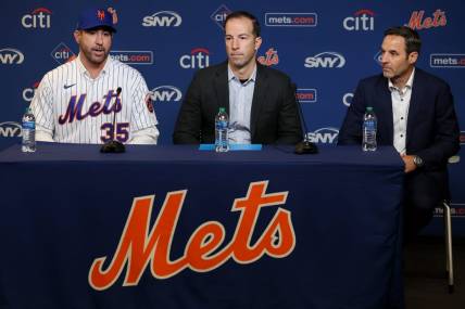 Dec 20, 2022; NY, NY, USA; New York Mets pitcher Justin Verlander (left to right) speaks to the media with Mets general manager Billy Eppler and his agent Mark Pieper during a press conference at Citi Field. Mandatory Credit: Brad Penner-USA TODAY Sports