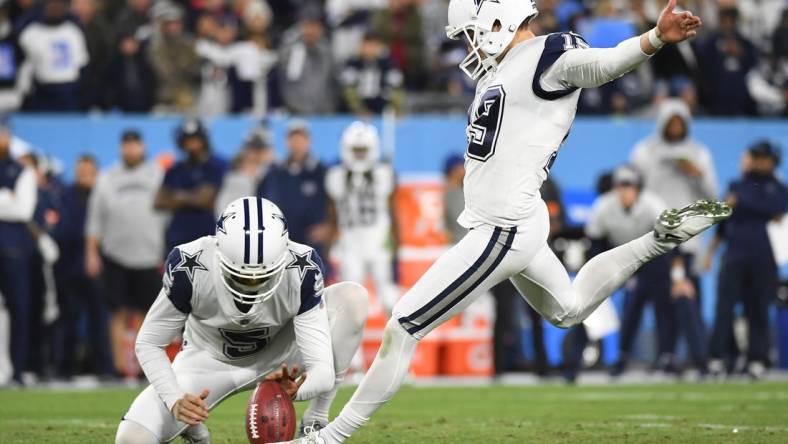 Dec 29, 2022; Nashville, Tennessee, USA; Dallas Cowboys place kicker Brett Maher (19) kicks a field goal during the first half against the Tennessee Titans at Nissan Stadium. Mandatory Credit: Christopher Hanewinckel-USA TODAY Sports