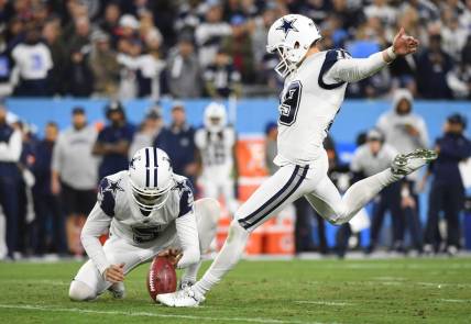 Dec 29, 2022; Nashville, Tennessee, USA; Dallas Cowboys place kicker Brett Maher (19) kicks a field goal during the first half against the Tennessee Titans at Nissan Stadium. Mandatory Credit: Christopher Hanewinckel-USA TODAY Sports