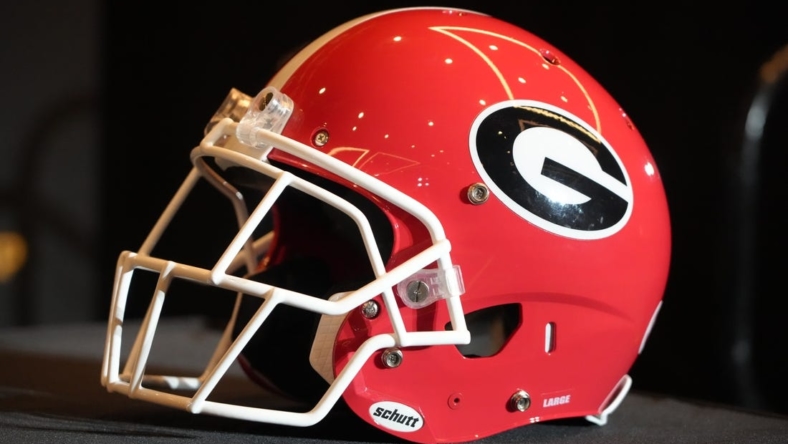 Jan 8, 2023; Los Angeles, CA, USA; A Georgia Bulldogs helmet at the 2023 CFP National Championship head coaches press conference at the Los Angeles Airport Marriott. Mandatory Credit: Kirby Lee-USA TODAY Sports