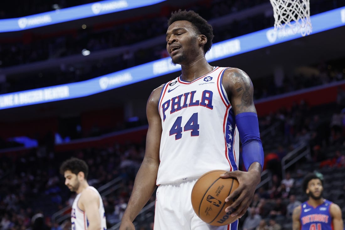 Jan 8, 2023; Detroit, Michigan, USA;  Philadelphia 76ers forward Paul Reed (44) reacts during the second half against the Detroit Pistons at Little Caesars Arena. Mandatory Credit: Rick Osentoski-USA TODAY Sports