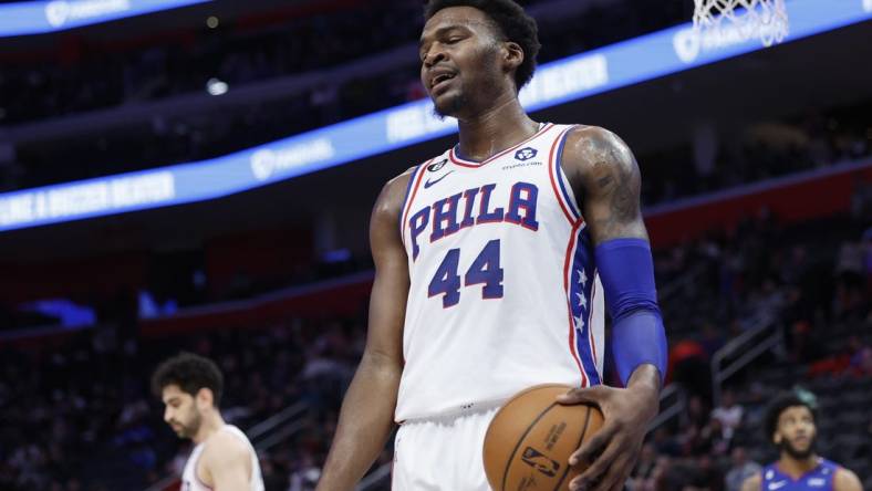 Jan 8, 2023; Detroit, Michigan, USA;  Philadelphia 76ers forward Paul Reed (44) reacts during the second half against the Detroit Pistons at Little Caesars Arena. Mandatory Credit: Rick Osentoski-USA TODAY Sports