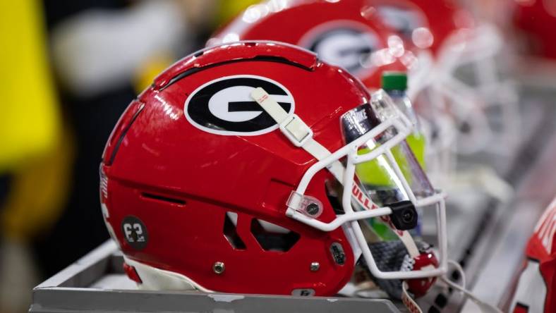 Jan 9, 2023; Inglewood, CA, USA; Detailed view of a Georgia Bulldogs helmet during the CFP national championship game at SoFi Stadium. Mandatory Credit: Mark J. Rebilas-USA TODAY Sports