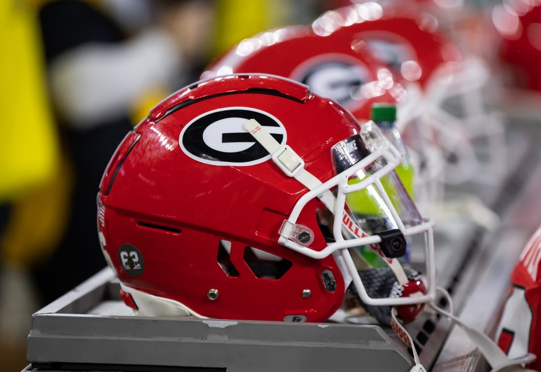 Jan 9, 2023; Inglewood, CA, USA; Detailed view of a Georgia Bulldogs helmet during the CFP national championship game at SoFi Stadium. Mandatory Credit: Mark J. Rebilas-USA TODAY Sports