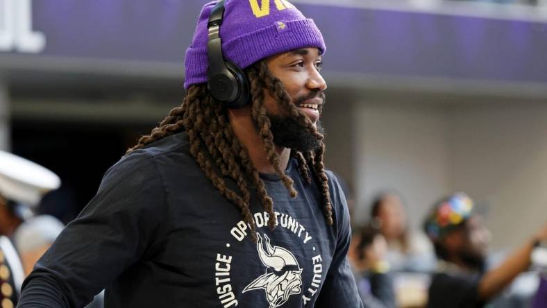 Jan 15, 2023; Minneapolis, Minnesota, USA; Minnesota Vikings running back Dalvin Cook (4) during warmups before a wild card game against the New York Giants at U.S. Bank Stadium. Mandatory Credit: Matt Krohn-USA TODAY Sports