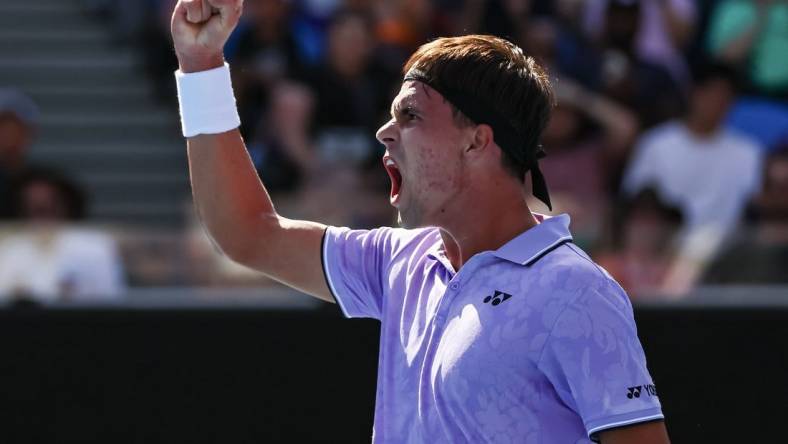 Jan 16, 2023; Melbourne, VICTORIA, Australia; Daniel Altmaier on day one of the 2023 Australian Open tennis tournament at Melbourne Park. Mandatory Credit: Mike Frey-USA TODAY Sports