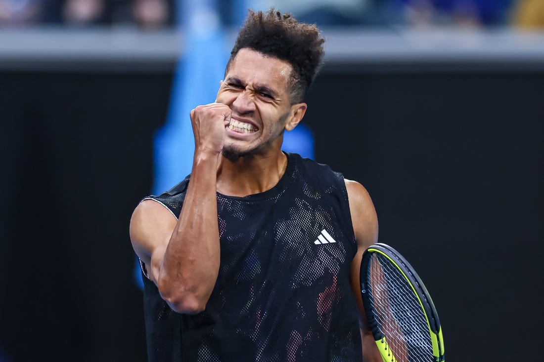 Jan 19, 2023; Melbourne, VICTORIA, Australia; Michael Mmoh from the United States after his second round match against Alexander Zverev from Germany on day four of the 2023 Australian Open tennis tournament at Melbourne Park. Mandatory Credit: Mike Frey-USA TODAY Sports