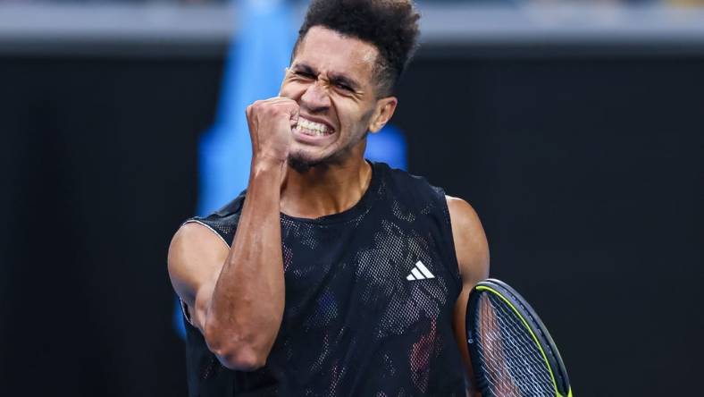 Jan 19, 2023; Melbourne, VICTORIA, Australia; Michael Mmoh from the United States after his second round match against Alexander Zverev from Germany on day four of the 2023 Australian Open tennis tournament at Melbourne Park. Mandatory Credit: Mike Frey-USA TODAY Sports