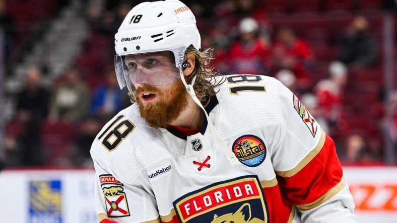 Jan 19, 2023; Montreal, Quebec, CAN; Florida Panthers defenseman Marc Staal (18) during warm-up before the game against the Montreal Canadiens at Bell Centre. Mandatory Credit: David Kirouac-USA TODAY Sports