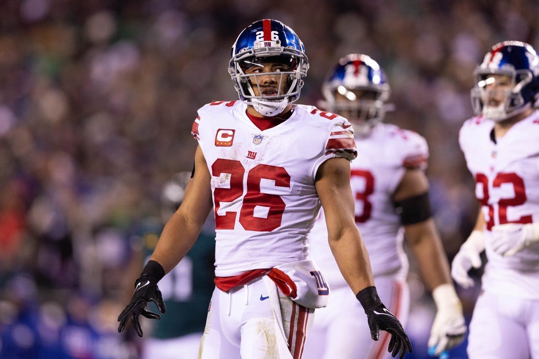 Jan 21, 2023; Philadelphia, Pennsylvania, USA; New York Giants running back Saquon Barkley (26) looks on in the second half against the Philadelphia Eagles during an NFC divisional round game at Lincoln Financial Field. Mandatory Credit: Bill Streicher-USA TODAY Sports