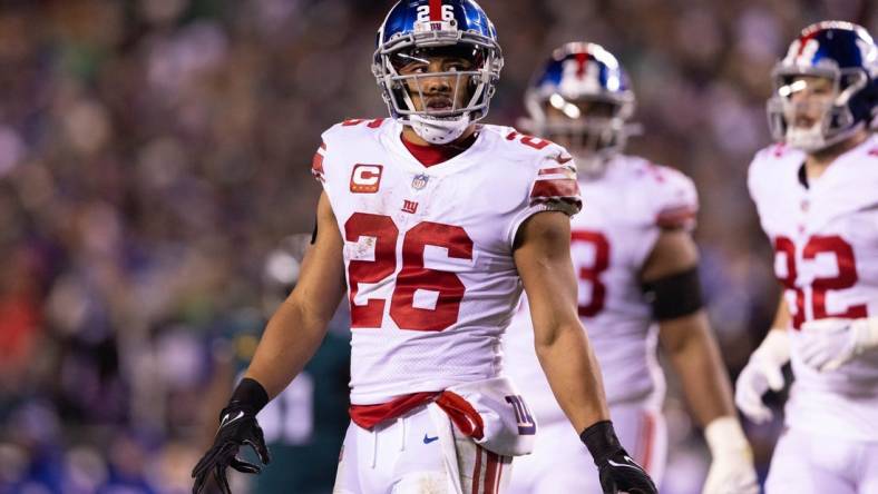 Jan 21, 2023; Philadelphia, Pennsylvania, USA; New York Giants running back Saquon Barkley (26) looks on in the second half against the Philadelphia Eagles during an NFC divisional round game at Lincoln Financial Field. Mandatory Credit: Bill Streicher-USA TODAY Sports