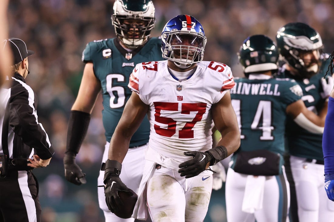 Jan 21, 2023; Philadelphia, Pennsylvania, USA; New York Giants linebacker Jarrad Davis (57) against the Philadelphia Eagles during an NFC divisional round game at Lincoln Financial Field. Mandatory Credit: Bill Streicher-USA TODAY Sports