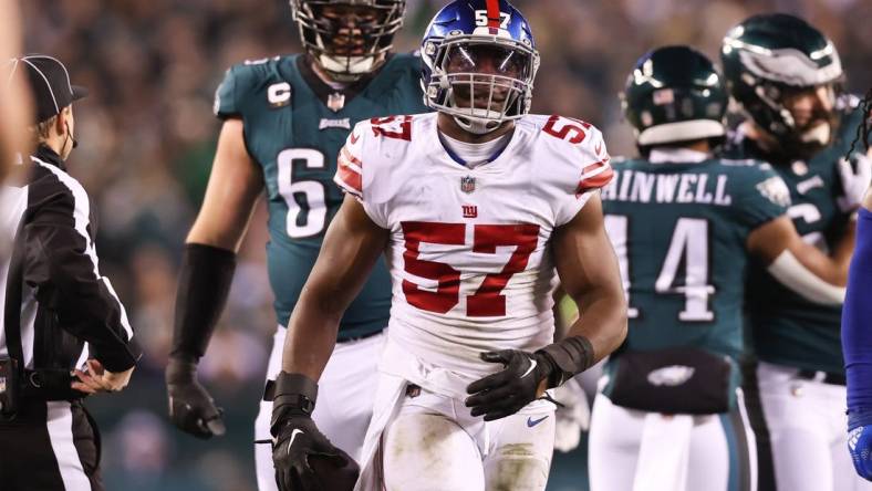 Jan 21, 2023; Philadelphia, Pennsylvania, USA; New York Giants linebacker Jarrad Davis (57) against the Philadelphia Eagles during an NFC divisional round game at Lincoln Financial Field. Mandatory Credit: Bill Streicher-USA TODAY Sports