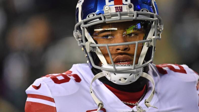 Jan 21, 2023; Philadelphia, Pennsylvania, USA; New York Giants running back Saquon Barkley (26) against the Philadelphia Eagles during an NFC divisional round game at Lincoln Financial Field. Mandatory Credit: Eric Hartline-USA TODAY Sports