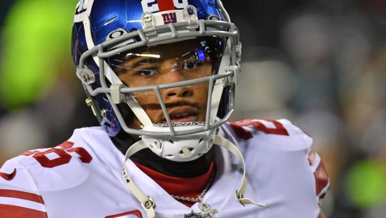 Jan 21, 2023; Philadelphia, Pennsylvania, USA; New York Giants running back Saquon Barkley (26) against the Philadelphia Eagles during an NFC divisional round game at Lincoln Financial Field. Mandatory Credit: Eric Hartline-USA TODAY Sports