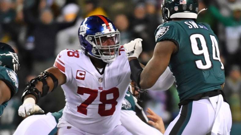 Jan 21, 2023; Philadelphia, Pennsylvania, USA; New York Giants offensive tackle Andrew Thomas (78) against Philadelphia Eagles defensive end Josh Sweat (94) during an NFC divisional round game at Lincoln Financial Field. Mandatory Credit: Eric Hartline-USA TODAY Sports