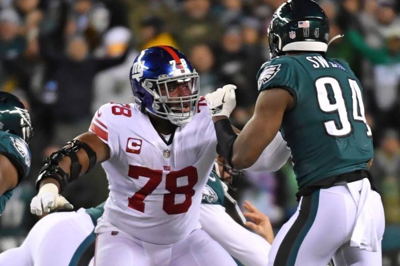 Jan 21, 2023; Philadelphia, Pennsylvania, USA; New York Giants offensive tackle Andrew Thomas (78) against Philadelphia Eagles defensive end Josh Sweat (94) during an NFC divisional round game at Lincoln Financial Field. Mandatory Credit: Eric Hartline-USA TODAY Sports