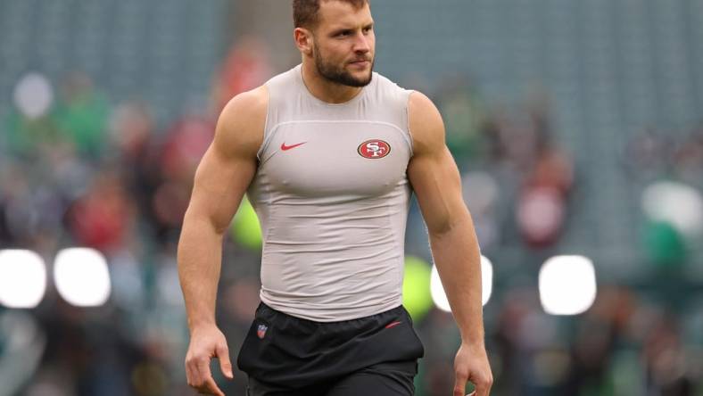 Jan 29, 2023; Philadelphia, Pennsylvania, USA; San Francisco 49ers defensive end Nick Bosa (97) during warmups against the Philadelphia Eagles in the NFC Championship game at Lincoln Financial Field. Mandatory Credit: Bill Streicher-USA TODAY Sports