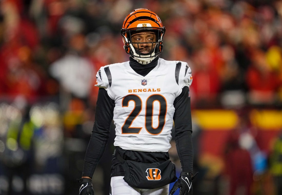 Jan 29, 2023; Kansas City, Missouri, USA; Cincinnati Bengals cornerback Eli Apple (20) reacts during the first half of the AFC Championship game against the Kansas City Chiefs at GEHA Field at Arrowhead Stadium. Mandatory Credit: Jay Biggerstaff-USA TODAY Sports