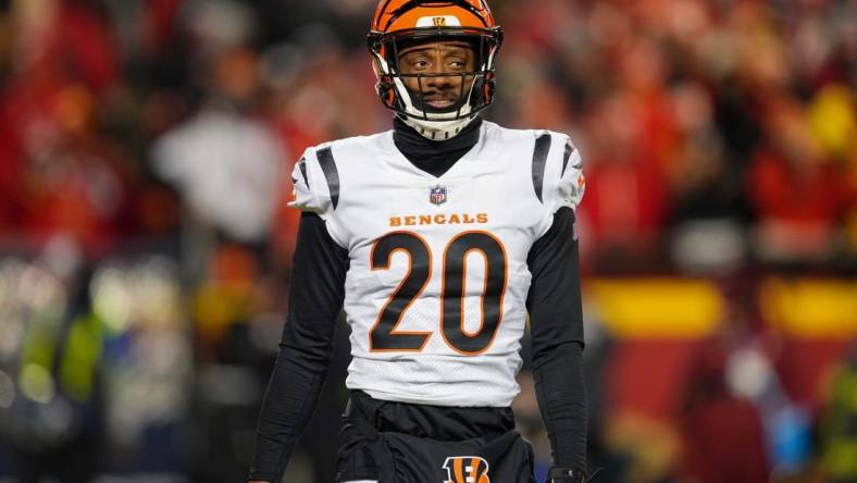 Jan 29, 2023; Kansas City, Missouri, USA; Cincinnati Bengals cornerback Eli Apple (20) reacts during the first half of the AFC Championship game against the Kansas City Chiefs at GEHA Field at Arrowhead Stadium. Mandatory Credit: Jay Biggerstaff-USA TODAY Sports