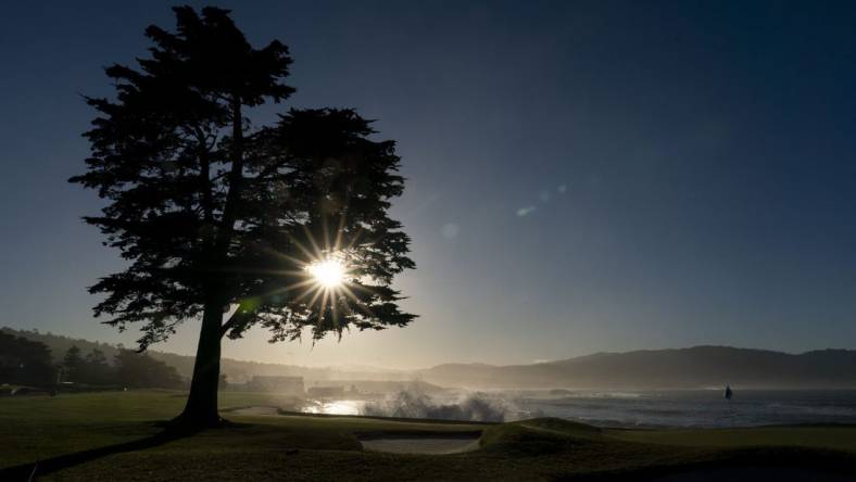 February 6, 2023; Pebble Beach, CA, USA; General view of the 18th hole during the continuation of the final round of the AT&T Pebble Beach Pro-Am golf tournament at Pebble Beach Golf Links. Mandatory Credit: Kyle Terada-USA TODAY Sports