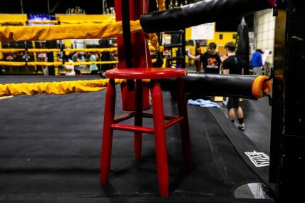 A red stool is seen in the corner of the ring during a class at ICOR Boxing, Tuesday, Feb. 7, 2023, at 391 Highland Ave. in Iowa City, Iowa.

230207 Icor Boxing 003 Jpg