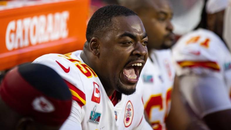 Feb 12, 2023; Glendale, Arizona, US; Kansas City Chiefs defensive tackle Chris Jones (95) reacts on the sidelines against the Philadelphia Eagles during the second quarter of Super Bowl LVII at State Farm Stadium. Mandatory Credit: Mark J. Rebilas-USA TODAY Sports