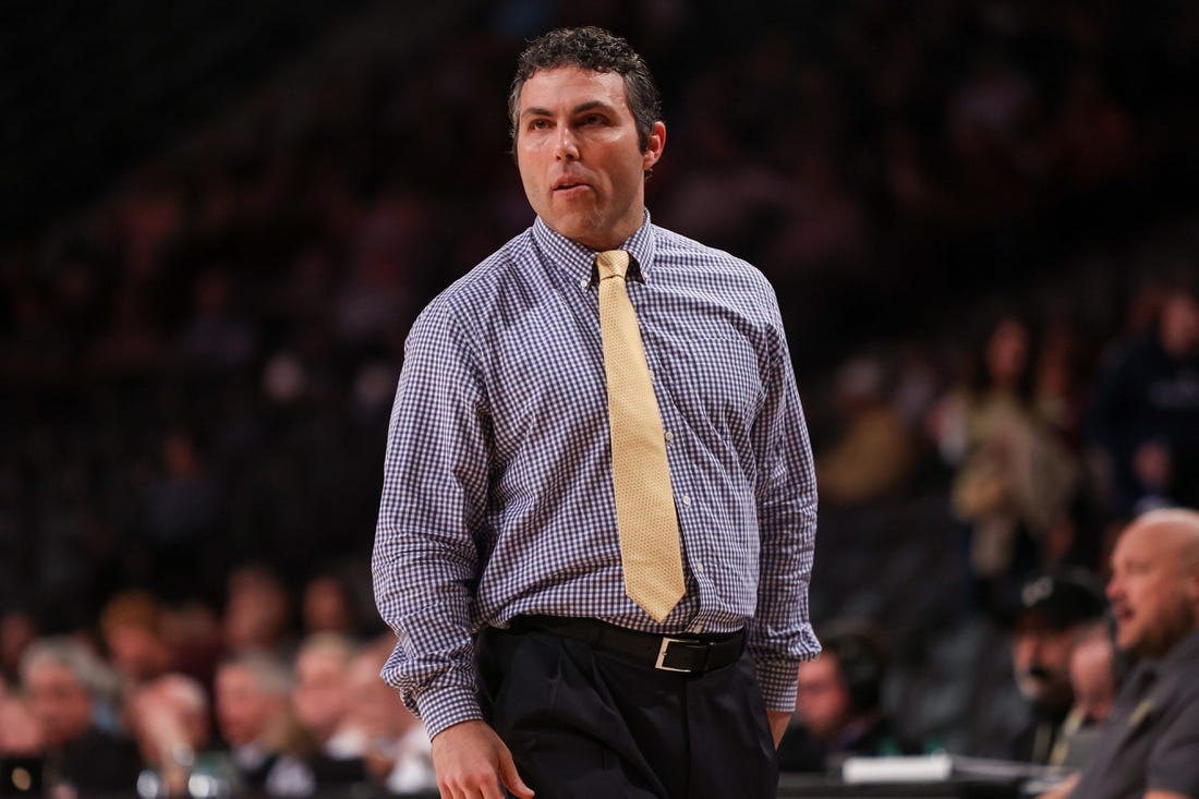 Feb 15, 2023; Atlanta, Georgia, USA; Georgia Tech Yellow Jackets head coach Josh Pastner on the sideline against the Virginia Tech Hokies in the first half at McCamish Pavilion. Mandatory Credit: Brett Davis-USA TODAY Sports