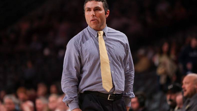 Feb 15, 2023; Atlanta, Georgia, USA; Georgia Tech Yellow Jackets head coach Josh Pastner on the sideline against the Virginia Tech Hokies in the first half at McCamish Pavilion. Mandatory Credit: Brett Davis-USA TODAY Sports