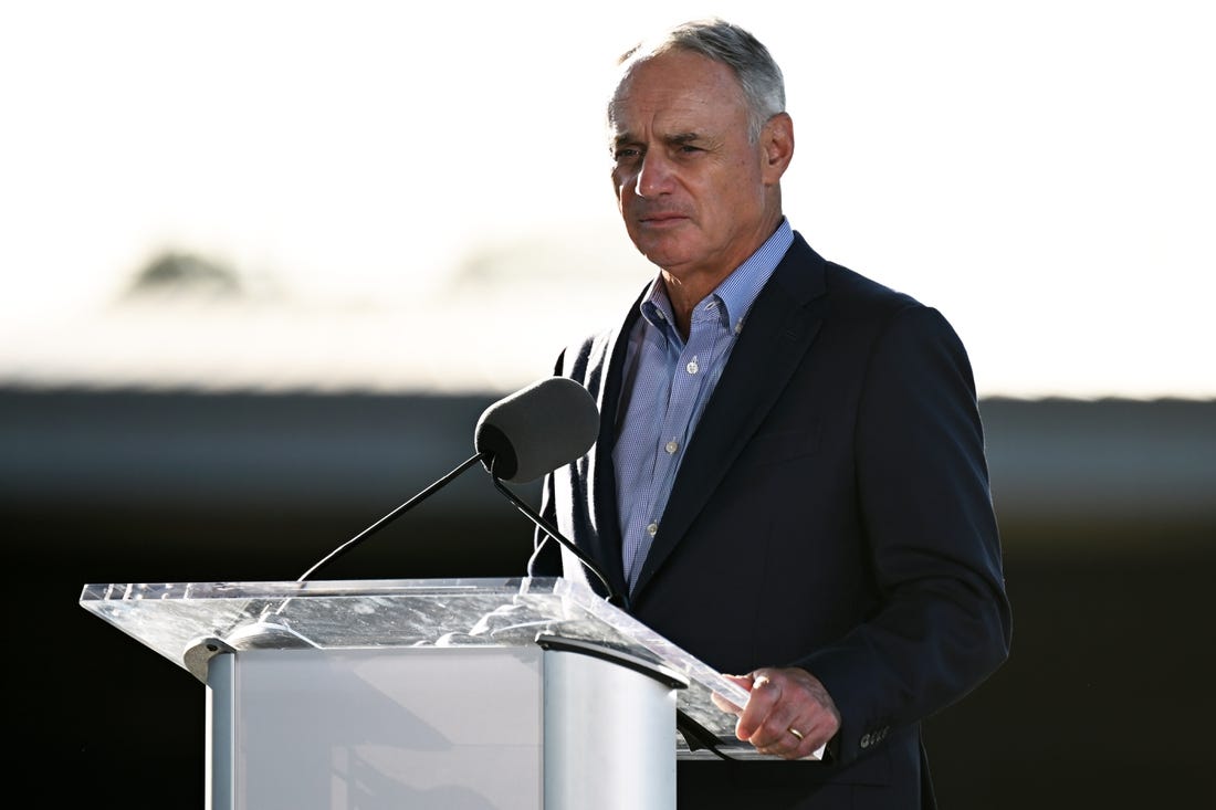 Feb 16, 2023; Dunedin, FL, USA; Major League Baseball commissioner Rob Manfred speaks to the media at the Grapefruit League Media Day. Mandatory Credit: Jonathan Dyer-USA TODAY Sports