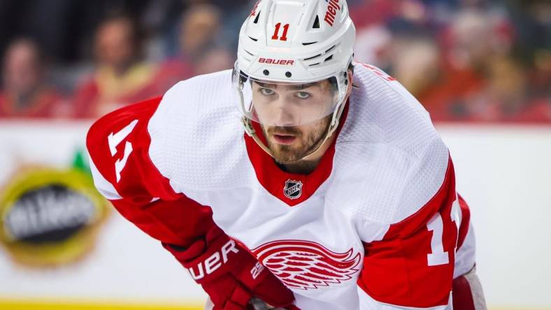 Feb 16, 2023; Calgary, Alberta, CAN; Detroit Red Wings right wing Filip Zadina (11) against the Calgary Flames during the second period at Scotiabank Saddledome. Mandatory Credit: Sergei Belski-USA TODAY Sports