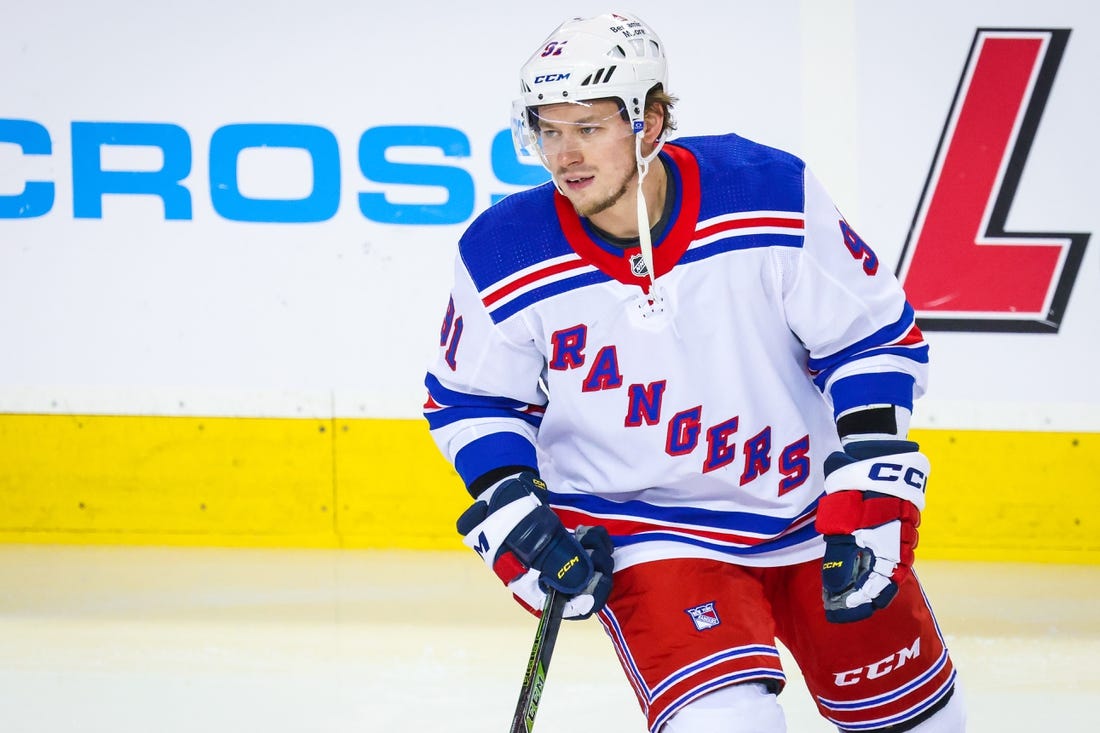 Feb 18, 2023; Calgary, Alberta, CAN; New York Rangers right wing Vladimir Tarasenko (91) skates during the warmup period against the Calgary Flames at Scotiabank Saddledome. Mandatory Credit: Sergei Belski-USA TODAY Sports