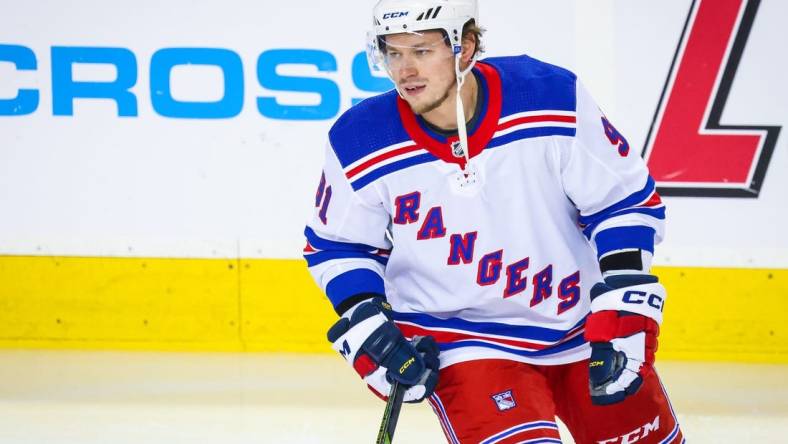 Feb 18, 2023; Calgary, Alberta, CAN; New York Rangers right wing Vladimir Tarasenko (91) skates during the warmup period against the Calgary Flames at Scotiabank Saddledome. Mandatory Credit: Sergei Belski-USA TODAY Sports