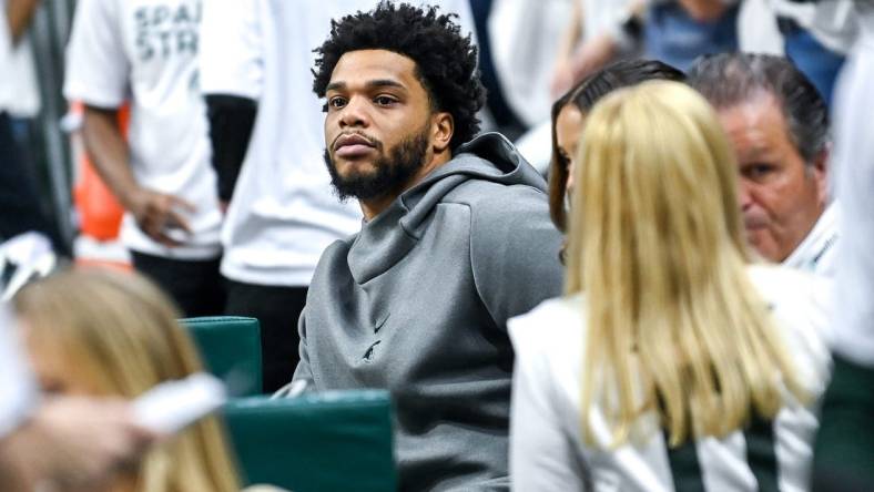 Former Michigan State basketball player Miles Bridges looks on during the first half in the game against Indiana on Tuesday, Feb. 21, 2023, at the Breslin Center in East Lansing.

230221 Msu Indiana Bball 187a