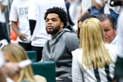 Former Michigan State basketball player Miles Bridges looks on during the first half in the game against Indiana on Tuesday, Feb. 21, 2023, at the Breslin Center in East Lansing.

230221 Msu Indiana Bball 187a