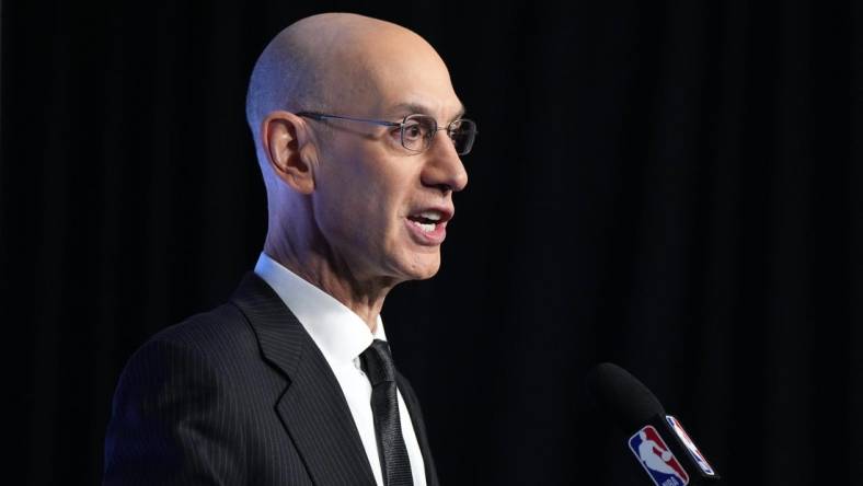 Feb 18, 2023; Salt Lake City, UT, USA; NBA commissioner Adam Silver at a press conference during the 2023 All Star Saturday Night at Vivint Arena. Mandatory Credit: Kirby Lee-USA TODAY Sports