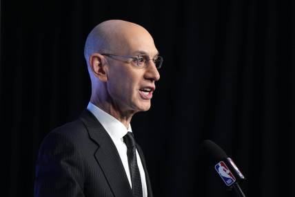 Feb 18, 2023; Salt Lake City, UT, USA; NBA commissioner Adam Silver at a press conference during the 2023 All Star Saturday Night at Vivint Arena. Mandatory Credit: Kirby Lee-USA TODAY Sports