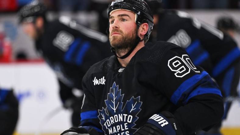 Feb 19, 2023; Chicago, Illinois, USA;  Toronto Maple Leafs forward Ryan O'Reilly (90) warms up before a game against the Chicago Blackhawks at United Center. Mandatory Credit: Jamie Sabau-USA TODAY Sports