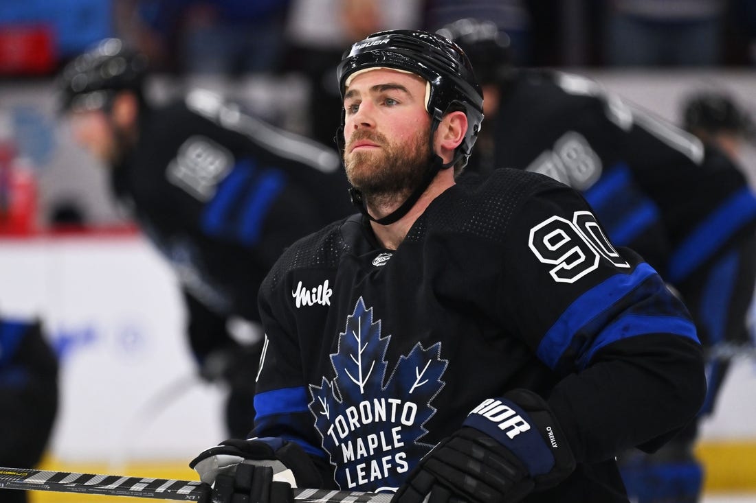 Feb 19, 2023; Chicago, Illinois, USA;  Toronto Maple Leafs forward Ryan O'Reilly (90) warms up before a game against the Chicago Blackhawks at United Center. Mandatory Credit: Jamie Sabau-USA TODAY Sports