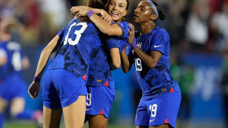 Feb 22, 2023; Frisco, Texas, USA; United States of America forward Alex Morgan (13) celebrates with forward Mallory Swanson (9) after scoring a goal against Brazil during the first half at Toyota Stadium. Mandatory Credit: Chris Jones-USA TODAY Sports