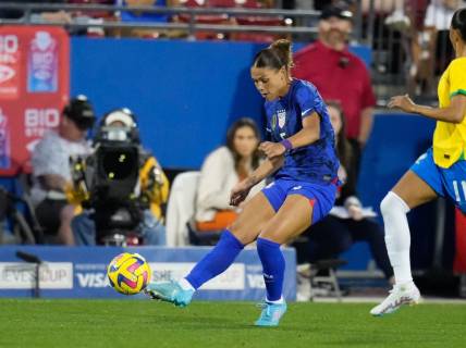 Feb 22, 2023; Frisco, Texas, USA; United States of America forward Trinity Rodman (5) passes the ball Brazil during the first half at Toyota Stadium. Mandatory Credit: Chris Jones-USA TODAY Sports