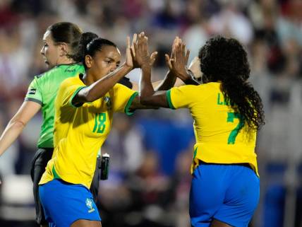 Feb 22, 2023; Frisco, Texas, USA; Brazil forward Ludmila (7) celebrates with forward Geyse (18) after scoring a goal during the second half at Toyota Stadium. Mandatory Credit: Chris Jones-USA TODAY Sports