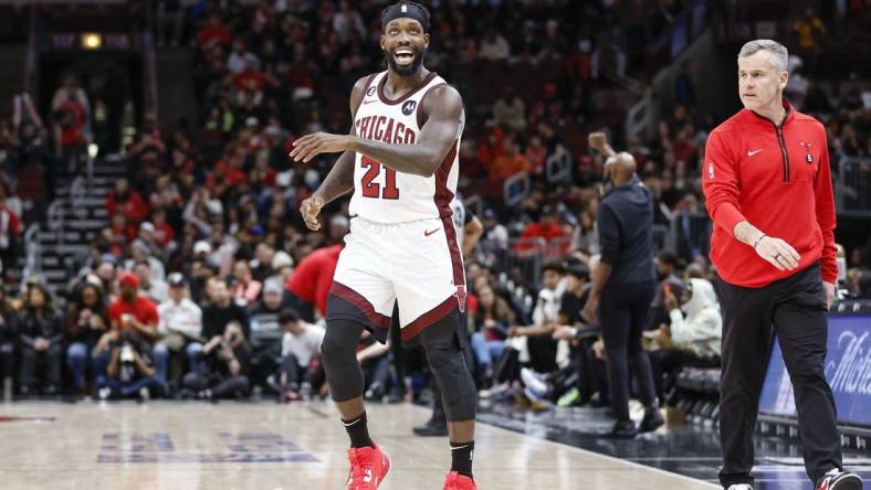 Feb 24, 2023; Chicago, Illinois, USA; Chicago Bulls guard Patrick Beverley (21) reacts during the first half of an NBA game against the Brooklyn Nets at United Center. Mandatory Credit: Kamil Krzaczynski-USA TODAY Sports