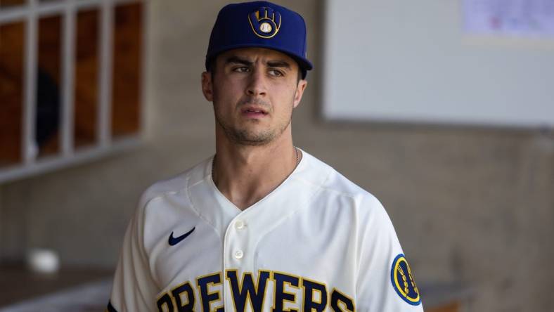 Feb 25, 2023; Phoenix, Arizona, USA; Milwaukee Brewers outfielder Sal Frelick against the Los Angeles Dodgers during a spring training game at American Family Fields of Phoenix. Mandatory Credit: Mark J. Rebilas-USA TODAY Sports