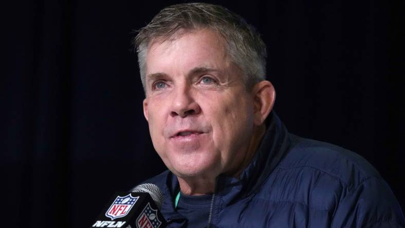 Feb 28, 2023; Indianapolis, IN, USA; Denver Broncos coach Sean Payton during the NFL combine at the Indiana Convention Center. Mandatory Credit: Kirby Lee-USA TODAY Sports