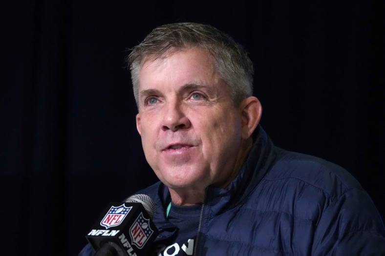 Feb 28, 2023; Indianapolis, IN, USA; Denver Broncos coach Sean Payton during the NFL combine at the Indiana Convention Center. Mandatory Credit: Kirby Lee-USA TODAY Sports
