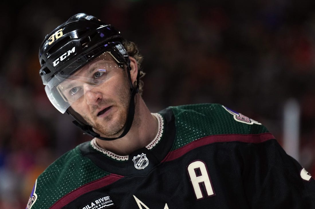 Feb 28, 2023; Tempe, Arizona, USA; Arizona Coyotes right wing Christian Fischer (36) looks on against the Chicago Blackhawks during the second period at Mullett Arena. Mandatory Credit: Joe Camporeale-USA TODAY Sports