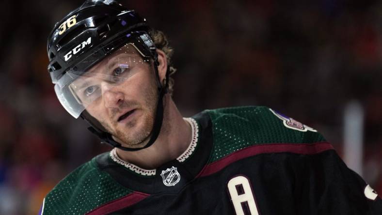 Feb 28, 2023; Tempe, Arizona, USA; Arizona Coyotes right wing Christian Fischer (36) looks on against the Chicago Blackhawks during the second period at Mullett Arena. Mandatory Credit: Joe Camporeale-USA TODAY Sports